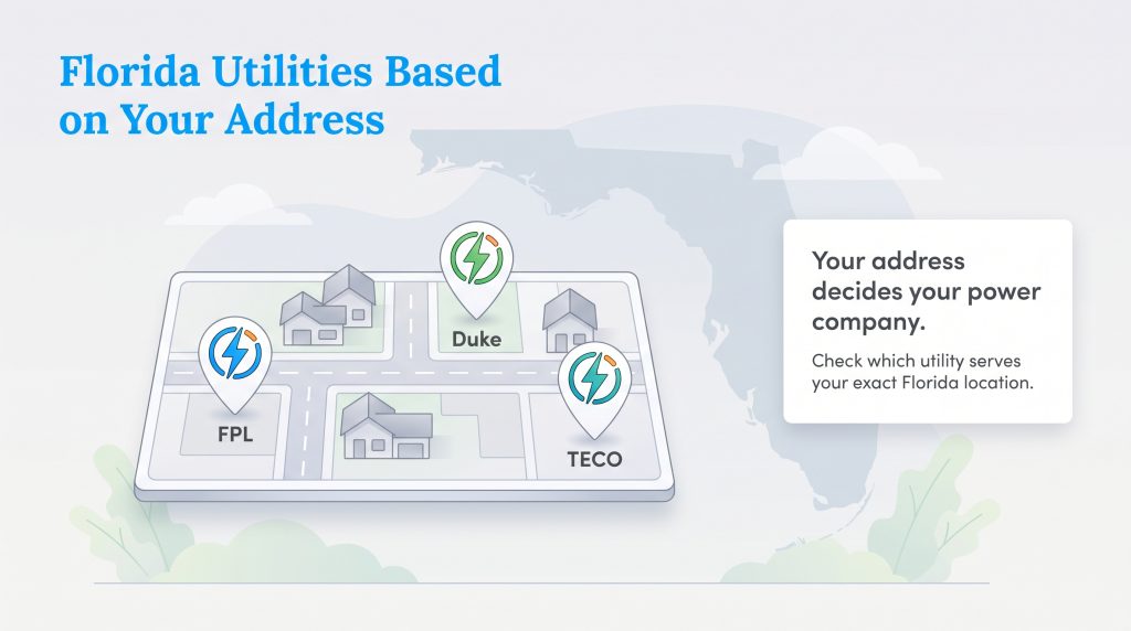 Map showing Florida utility providers FPL, Duke, and TECO on a neighborhood layout