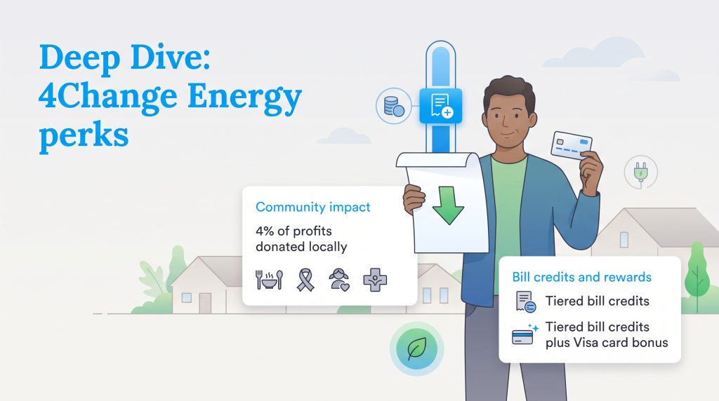 Illustration of 4Change Energy benefits including local donations and bill credit rewards