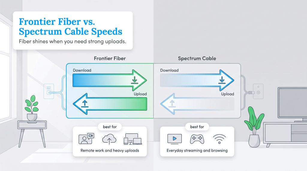 Comparison of Frontier fiber symmetrical speeds and Spectrum cable asymmetrical speeds.