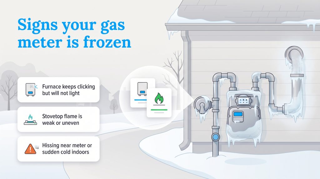Graphic detailing signs of a frozen gas meter like a clicking furnace or weak stovetop flame