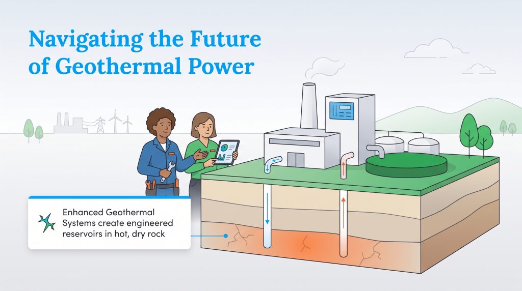 Diagram of an enhanced geothermal system injecting water into underground fractured hot rock.