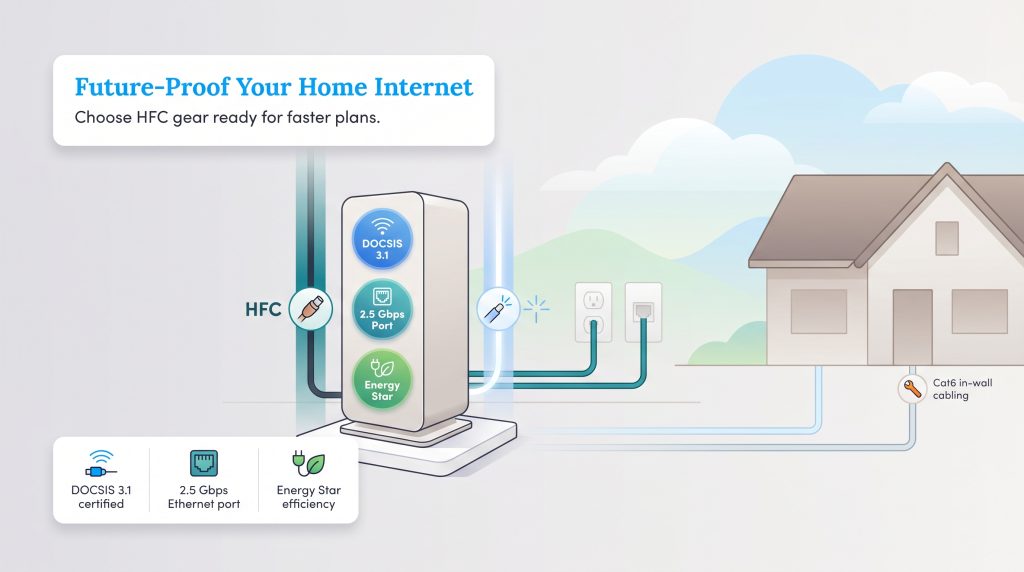 Diagram of a future-proof modem with DOCSIS 3.1, 2.5 Gbps port, and Energy Star features.