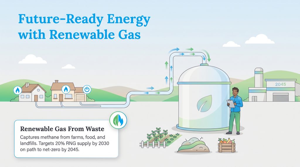 Illustration of renewable natural gas captured from organic waste to power homes.