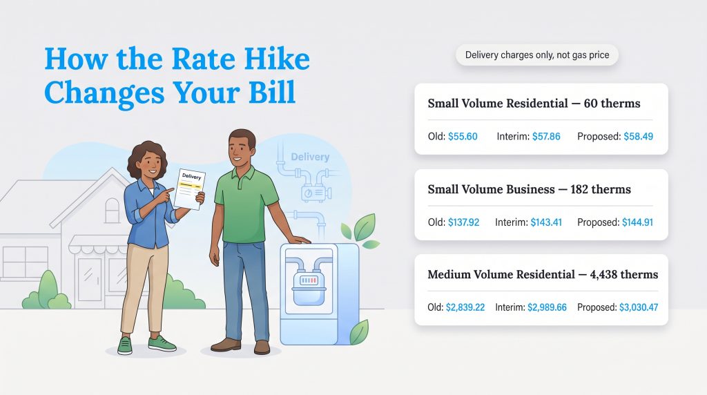 Illustration comparing old, interim, and proposed gas bills for residential and business users.