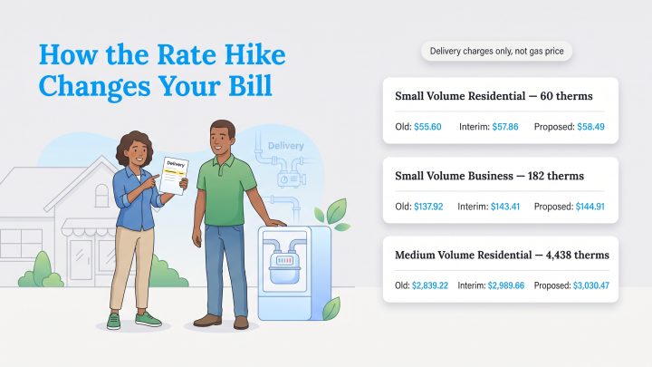 Illustration comparing old, interim, and proposed gas bills for residential and business users.