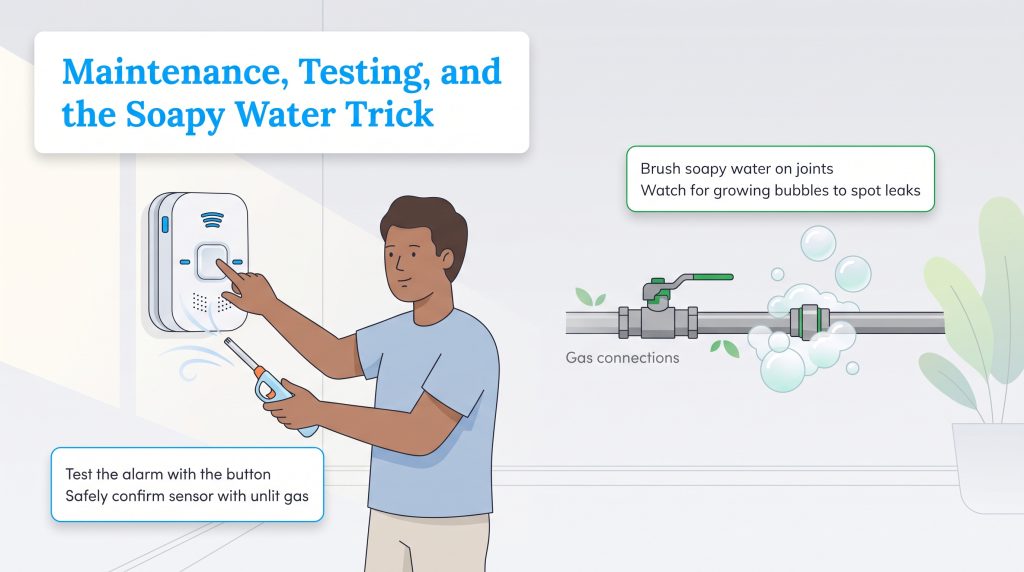Illustration showing a man testing a gas detector and bubbles revealing a leak on a gas pipe