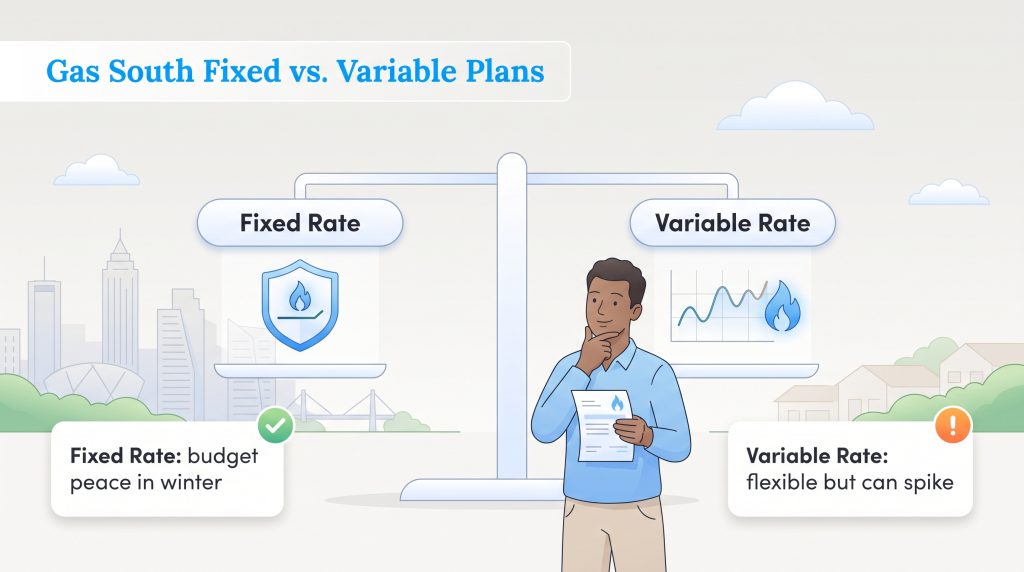 Illustration comparing Gas South fixed rates for budget peace versus variable rates that can spike.