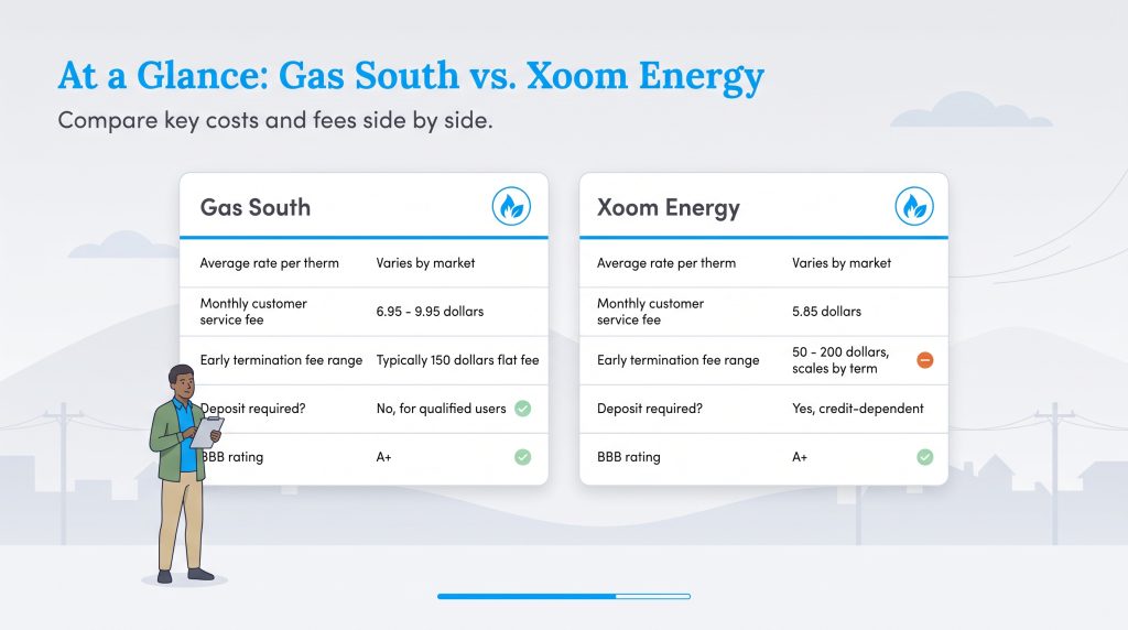 A side-by-side comparison table of Gas South and Xoom Energy costs, fees, and ratings.