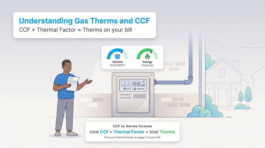 Diagram showing the CCF to Therms gas conversion formula with an illustration of a gas meter.