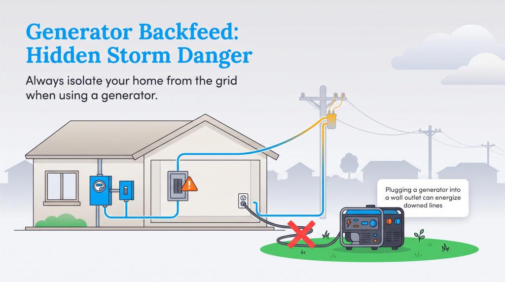 Diagram showing how generator backfeed sends electricity from a house back into utility lines.