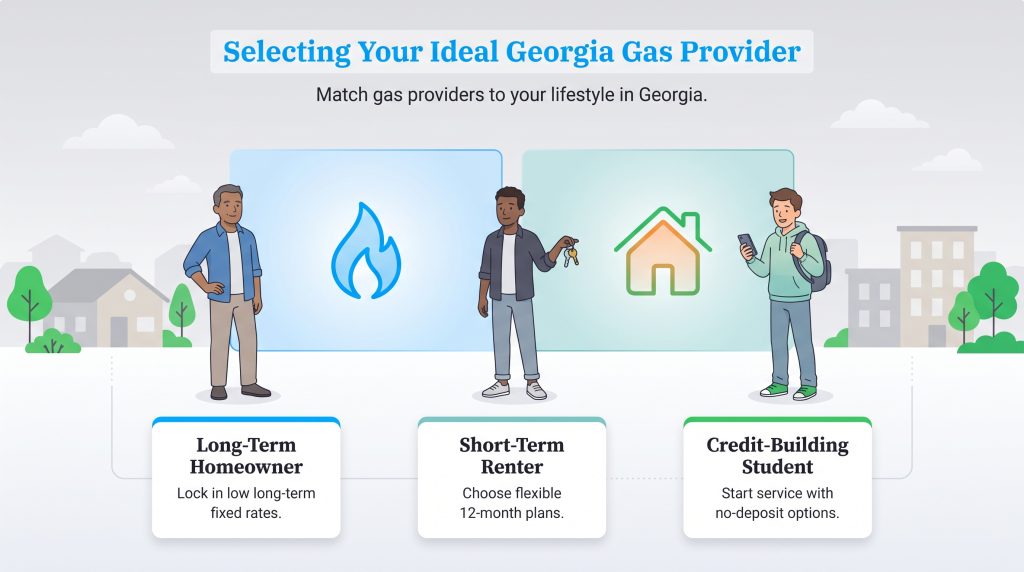A guide matching Georgia gas plans to homeowners, short-term renters, and students.