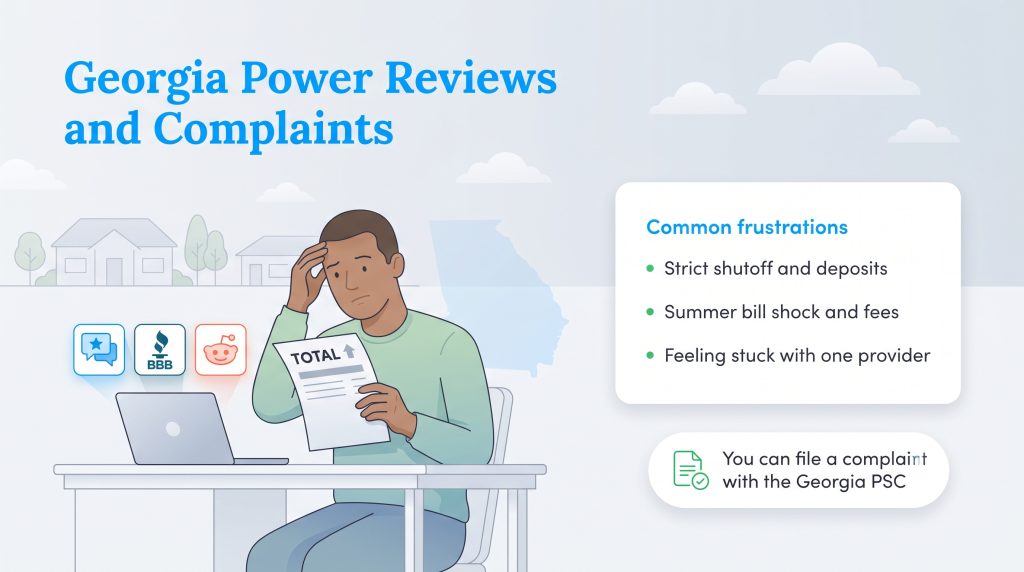 Stressed man holding a high utility bill next to a list of Georgia Power complaints