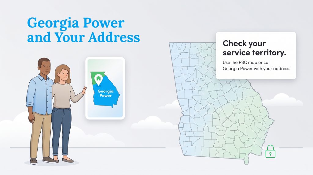 Couple checking a Georgia map to find their designated electric utility service territory.