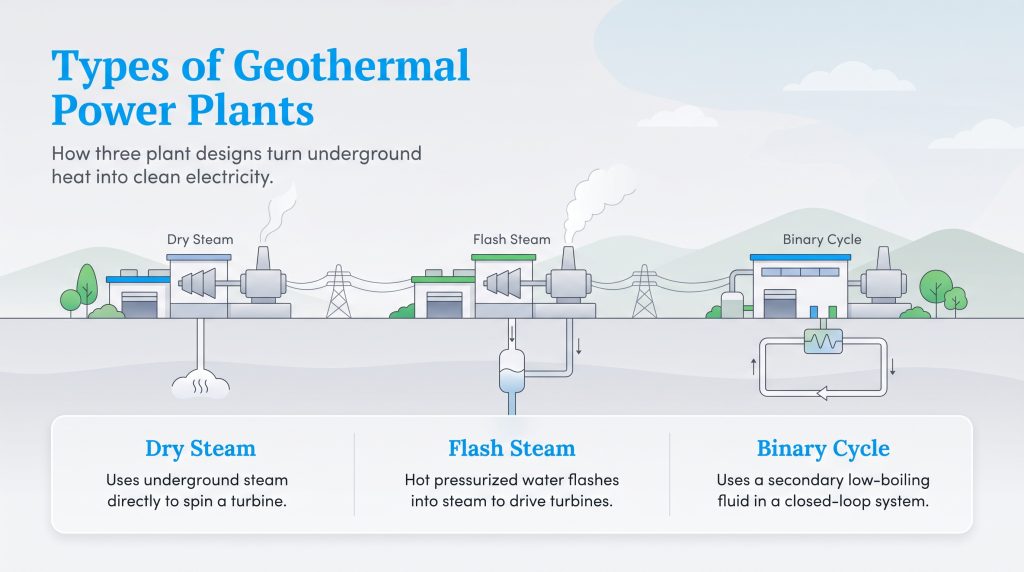 Diagram of dry steam, flash steam, and binary cycle geothermal power plants