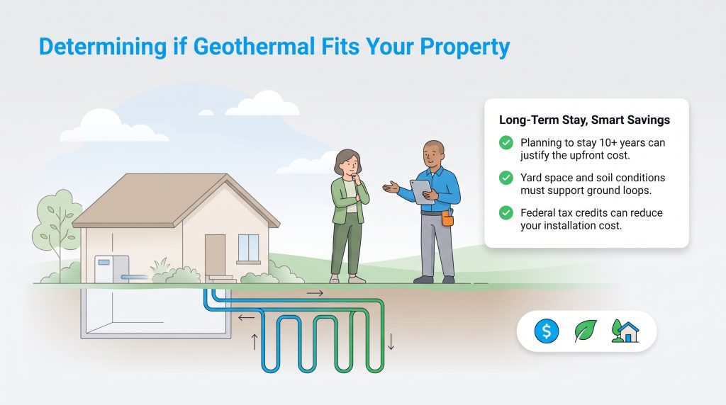 Illustration of a home geothermal system with key property considerations listed next to it.