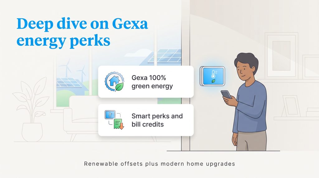 An illustration of Gexa energy perks like green energy and smart home thermostats.