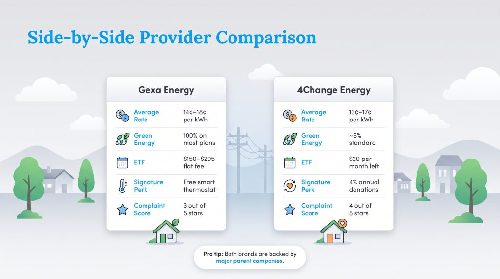 Comparison of Gexa Energy and 4Change Energy rates, green energy percentages, and fees.