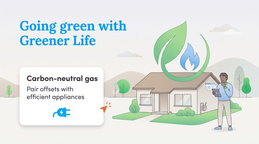 Infographic about GNG's Greener Life program for carbon-neutral gas through offsets and efficient appliances.