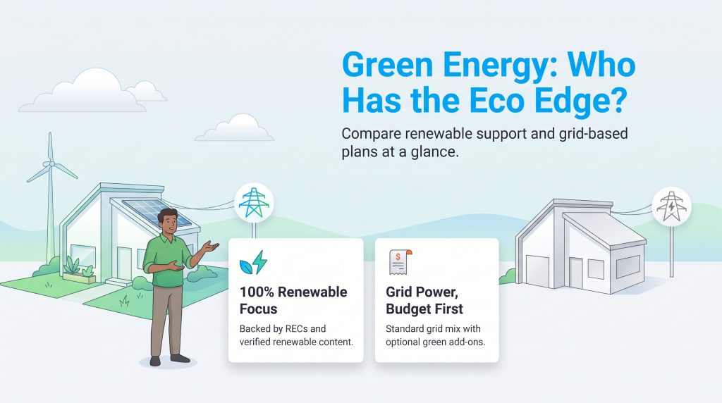 Infographic comparing 100% renewable focus energy plans against budget-first grid power plans.