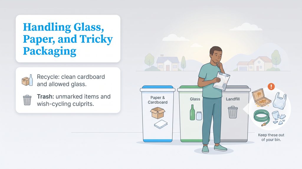 An illustration of sorting paper, glass, and landfill waste with guidelines for recycling.