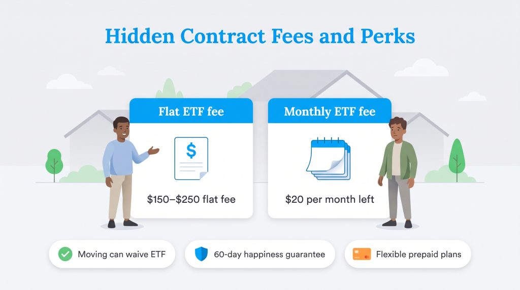 Comparison of flat and monthly early termination fees with contract perks and waiver options.