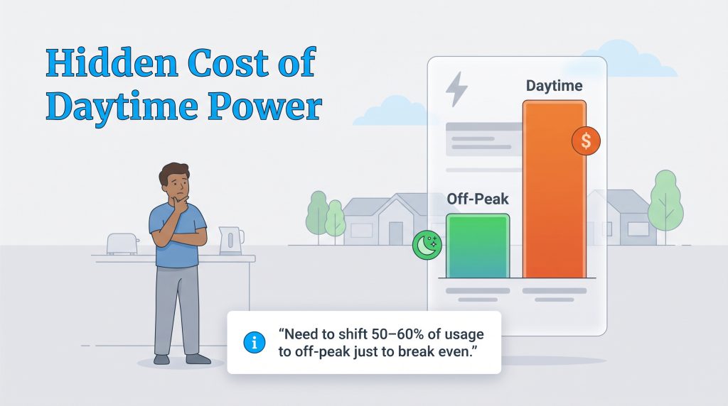 Illustration of a man comparing low off-peak and high daytime electricity rates