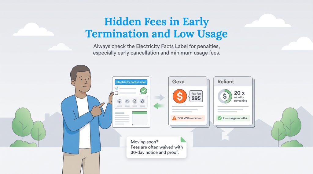 A man points to an Electricity Facts Label in an infographic comparing Gexa's flat-rate and Reliant's prorated early termination fees.