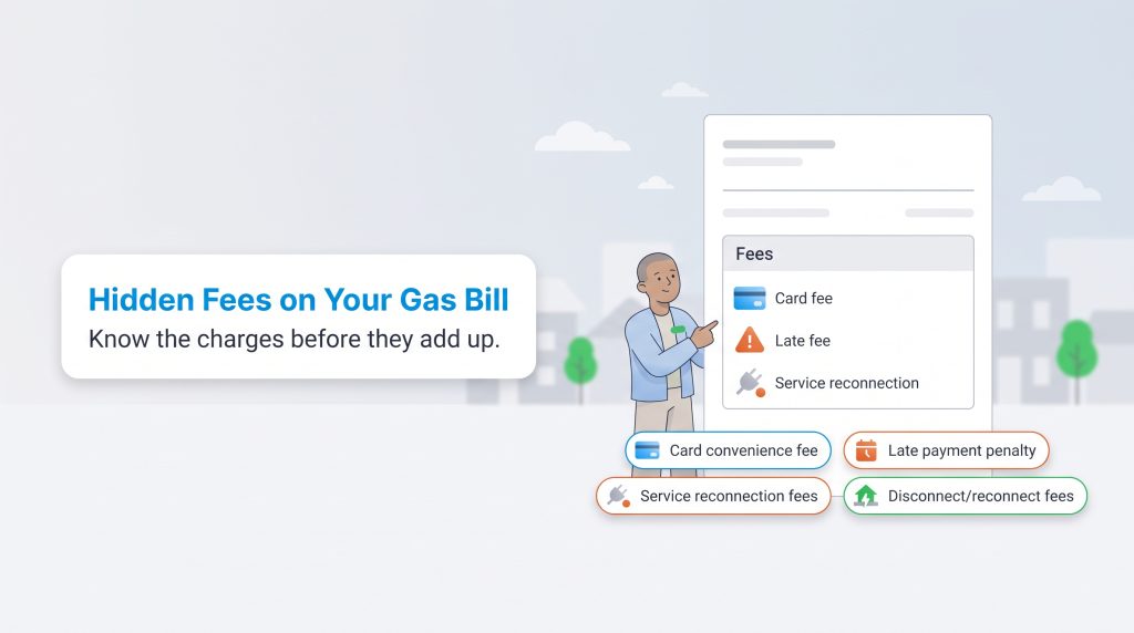 Graphic illustrating different hidden gas bill fees like card convenience and late fees.