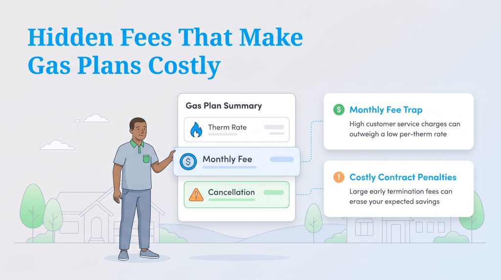 A man points to a gas plan summary, with callouts explaining hidden monthly fees and contract penalties.