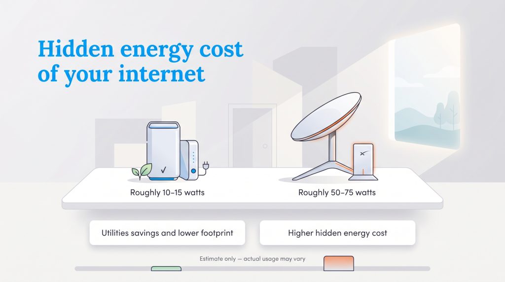 Comparison of a 10 to 15 watt gateway router and a 50 to 75 watt satellite dish