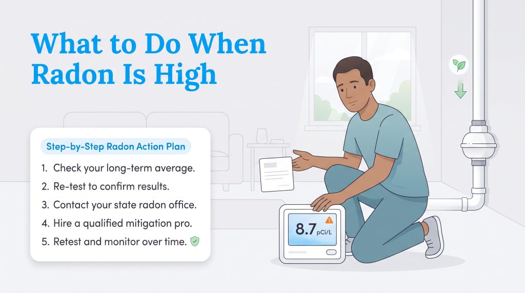 A man kneeling beside a radon monitor showing 8.7 pCi/L, next to a five-step action plan list.