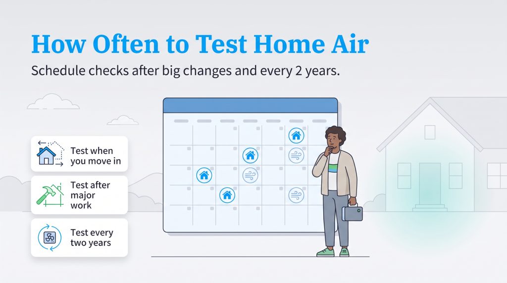 Infographic showing a calendar and tips to test air quality after changes and every two years.