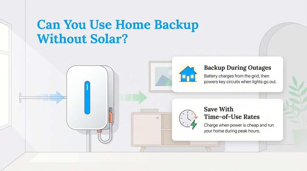 Diagram showing how a standalone home backup battery works during outages and peak hours.