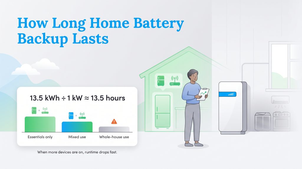 Illustration explaining how home battery backup duration drops as power consumption increases
