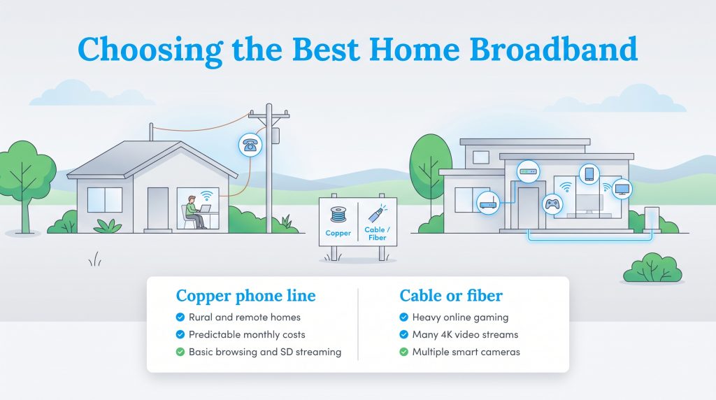 Infographic comparing copper internet for basic rural needs against cable/fiber for heavy usage.