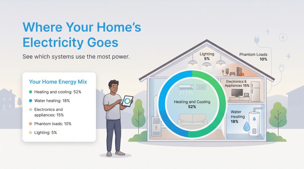 Diagram showing heating and cooling uses 52% of home energy, followed by water heating at 18%.