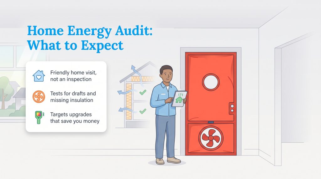 Illustration of an energy auditor with a blower door fan, testing a house for drafts.