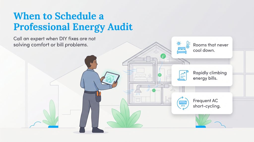 Infographic listing signs showing when to schedule a professional home energy audit