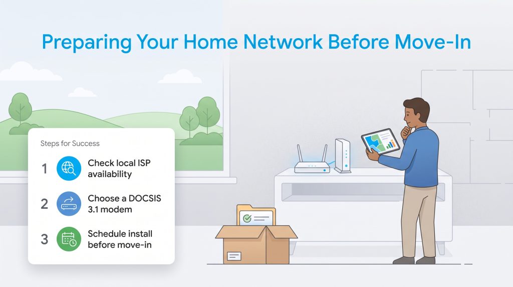 Graphic of a man setting up internet with three steps to prepare your home network before moving.
