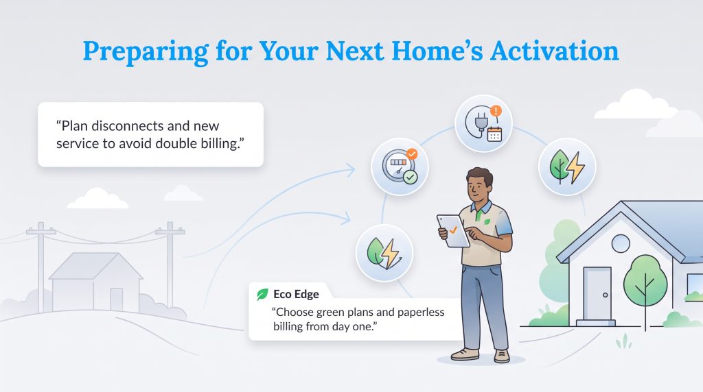 Illustration of a man managing his home utility transition to avoid double billing
