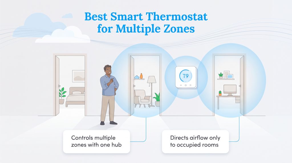 Illustration of Honeywell T9 smart thermostat managing multiple zones by detecting room occupancy.