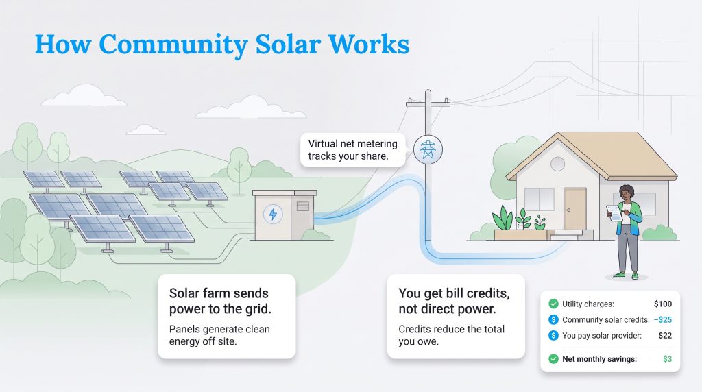 Diagram showing how a community solar farm generates power to earn subscribers bill credits.