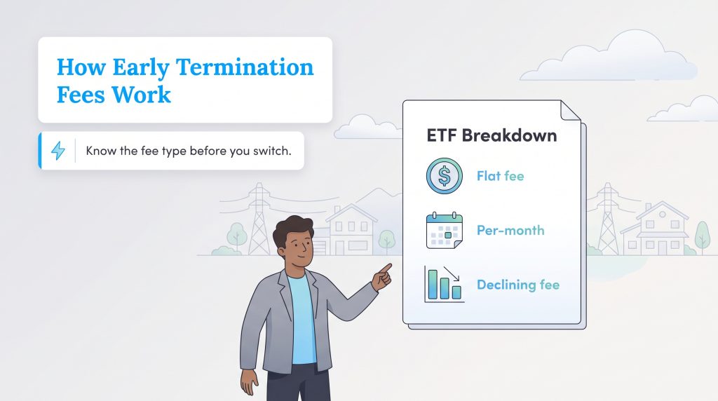 Illustration explaining three types of early termination fees: flat, per-month, and declining.