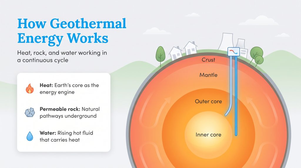 Diagram of Earth layers showing how geothermal wells extract heat from the crust and mantle