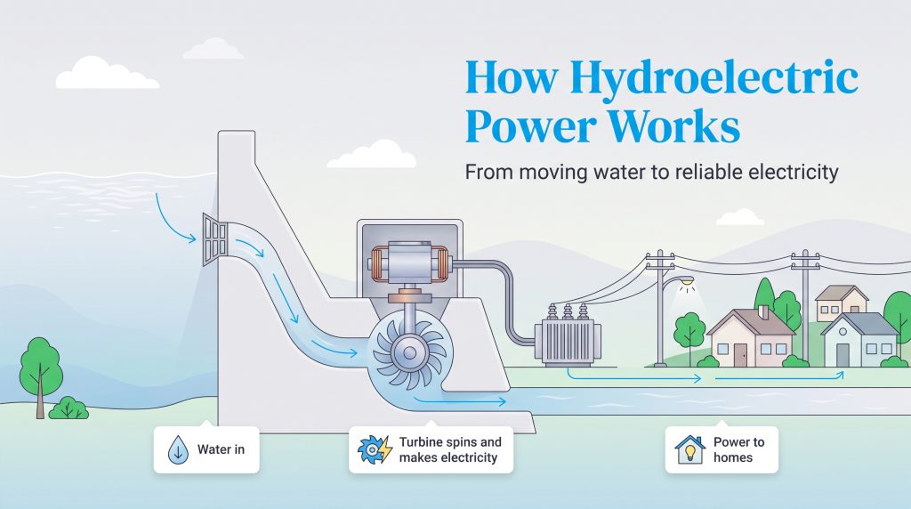 Diagram showing how water flowing through a dam spins a turbine to generate electricity for homes.