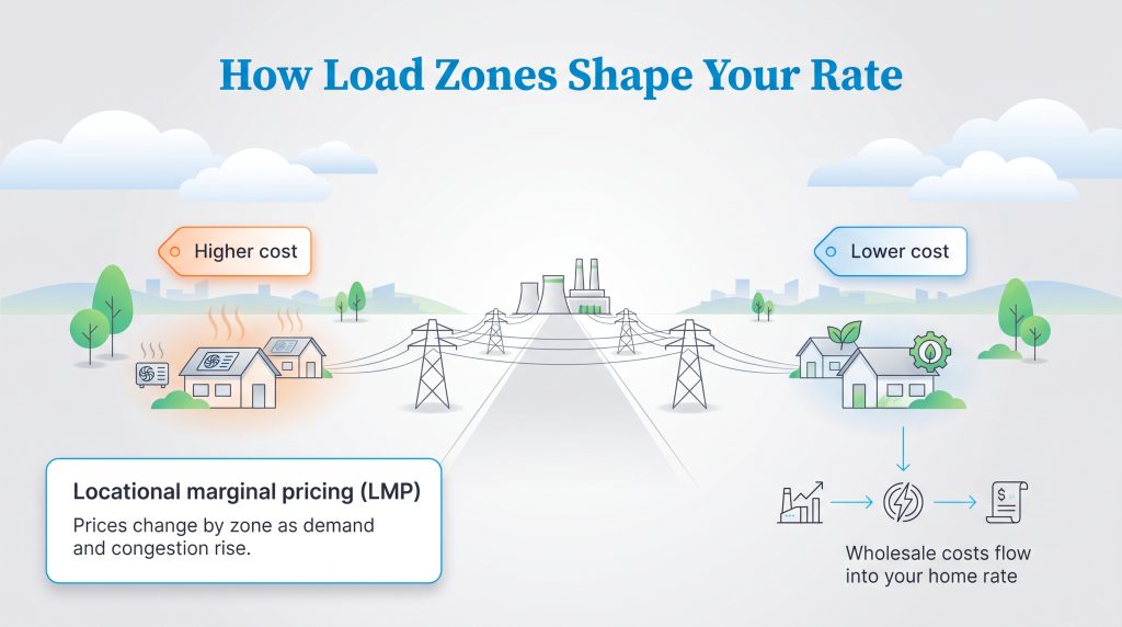 Diagram showing how locational marginal pricing affects electricity rates based on load zones