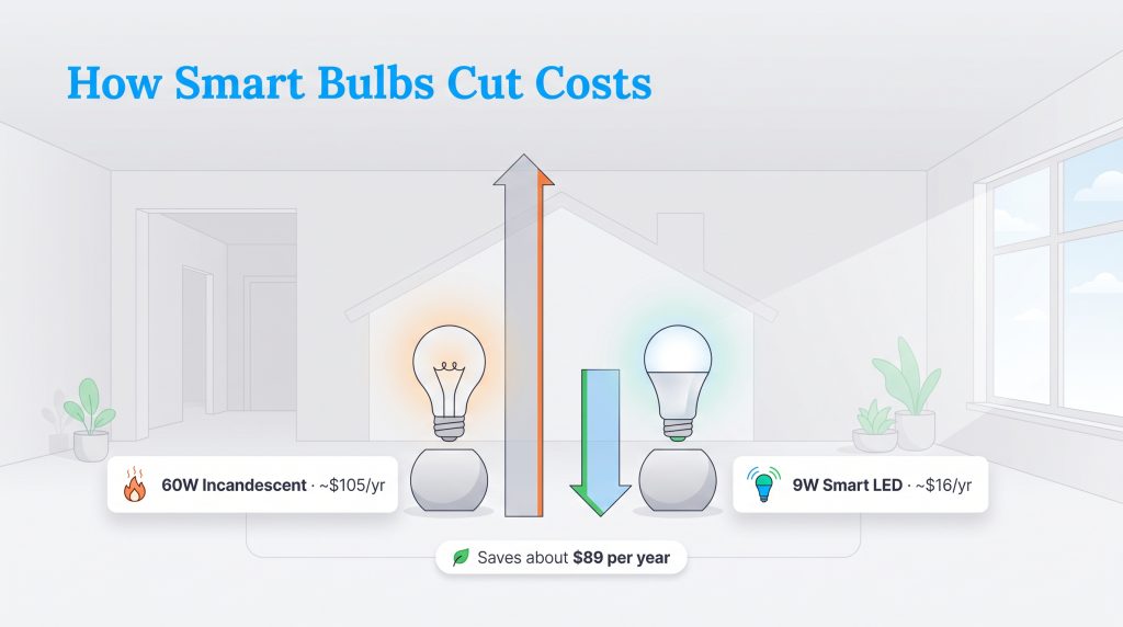 Graphic comparing incandescent and smart LED bulbs showing how smart LEDs save 89 dollars yearly