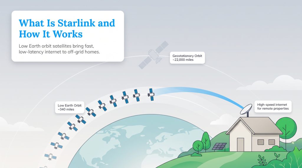 Diagram comparing low Earth orbit Starlink satellites with traditional geostationary satellites