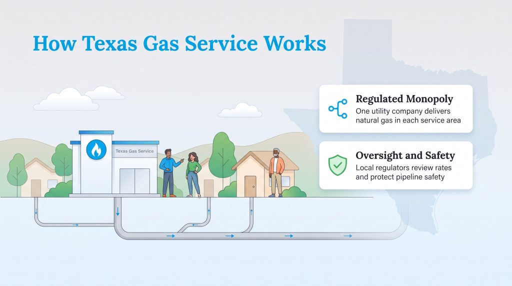 Illustration showing Texas Gas Service delivering natural gas to homes via underground pipes