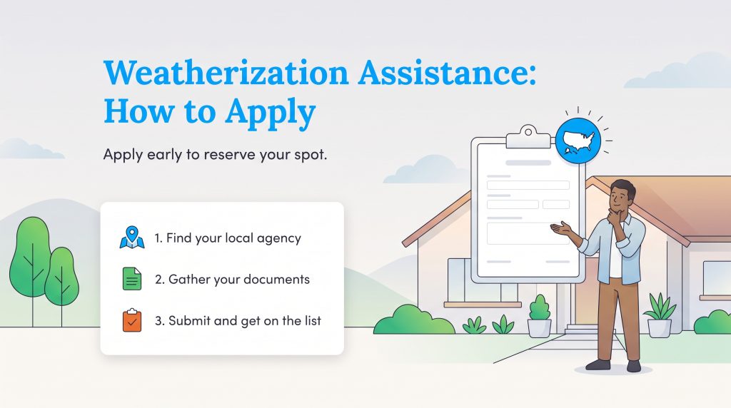Infographic illustrating the three steps to apply for Weatherization Assistance.